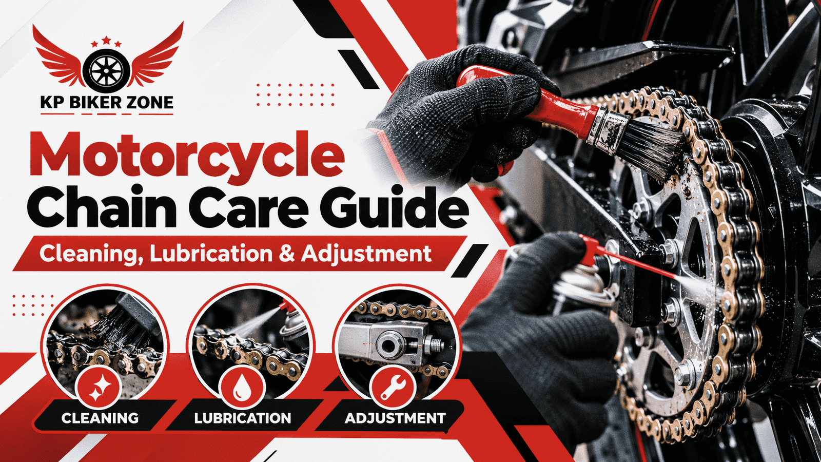 Motorcycle chain maintenance cleaning lubrication and adjustment